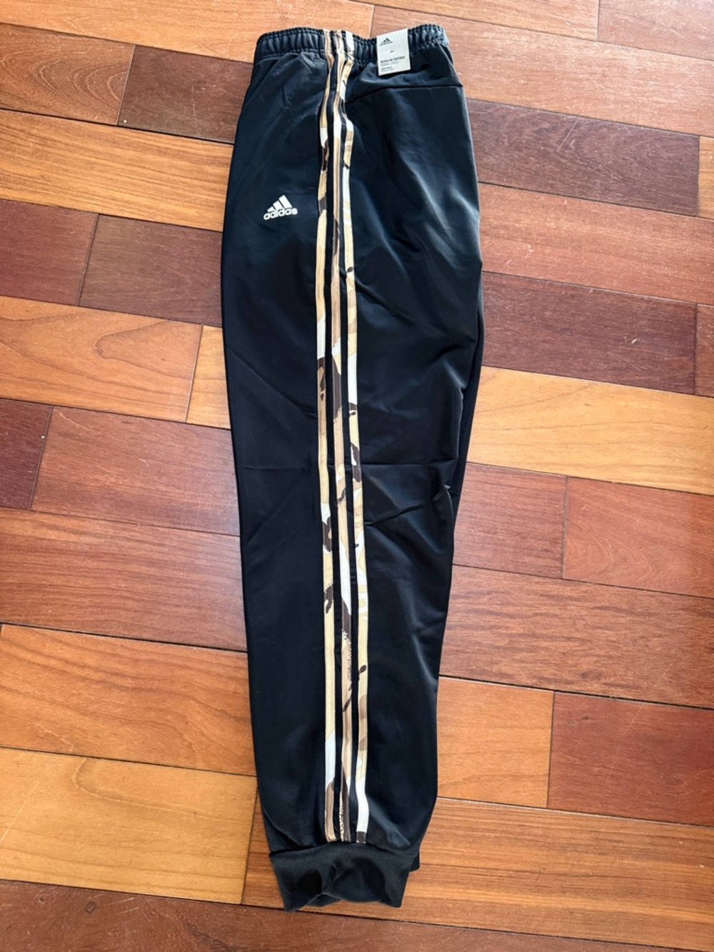 adidas Men’s Black Joggers with Beige Camo Side Stripes